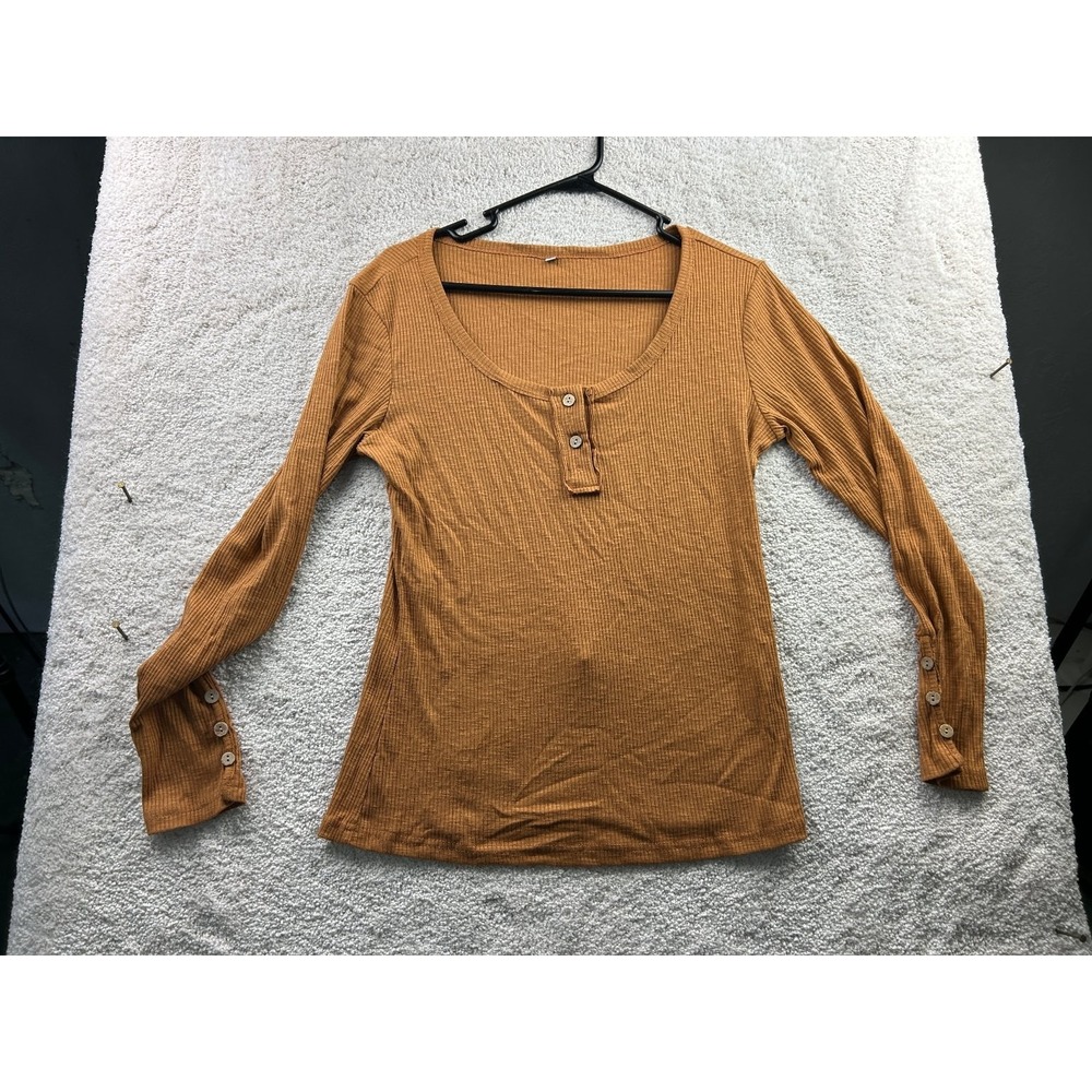 Women's Medium Rust Ribbed Long‎ Sleeve Top Button Accent Cotton